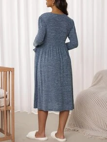 SHEIN فستان رضاعة كاجوال للحوامل بلون موحد وتصميم عقدة ملفوفة وأكمام طويلة - الأزرق - مشاهدة 6