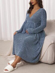 SHEIN فستان رضاعة كاجوال للحوامل بلون موحد وتصميم عقدة ملفوفة وأكمام طويلة - الأزرق - مشاهدة 2