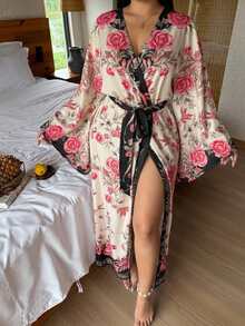 Dazy Plus Floral Print Loose Long Cardigan Robe With Tie Waist, Elegant Loungewear Outerwear Fall - Coral Pink - View 2