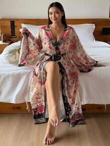 Dazy Plus Floral Print Loose Long Cardigan Robe With Tie Waist, Elegant Loungewear Outerwear Fall - Coral Pink - View 1