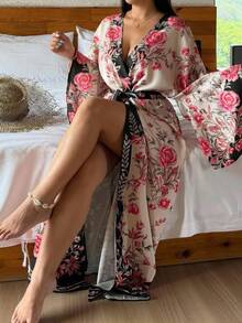 Dazy Plus Floral Print Loose Long Cardigan Robe With Tie Waist, Elegant Loungewear Outerwear Fall - Coral Pink - View 4