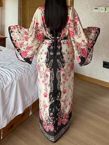 Dazy Plus Floral Print Loose Long Cardigan Robe With Tie Waist, Elegant Loungewear Outerwear Fall - Coral Pink - View 3