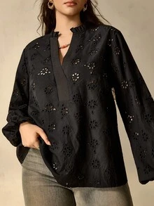 Nubod 黑色刺繡大尺碼女款缺口V領燈籠袖襯衫，秋季早午餐正式波希米亞優雅風 - 黑色 - 查看 8
