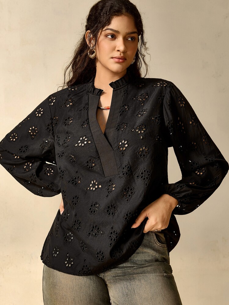 Nubod Black Embroidered Plus Size Women's Notch V-Neck Lantern Sleeve Blouse Fall - Black - View 6
