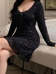 Dazy Plus Sweet Bow Print Lace Patchwork Waist-Cinching Short Dress, Elegant Nightgown, New For Spring, Summer, Autumn - Black - View 2
