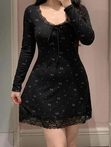 Dazy Plus Sweet Bow Print Lace Patchwork Waist-Cinching Short Dress, Elegant Nightgown, New For Spring, Summer, Autumn - Black - View 3