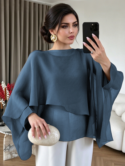 Modelyn بلوزة نسائية مقاس كبير من الشيفون بتصميم شال وحافة غير متماثلة، فضفاضة وانسيابية، يمكن ارتداؤها بمفردها أو كطبقة، قميص أنيق بأكمام خفاشية وقصة فضفاضة