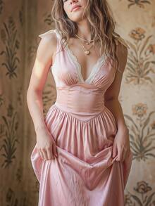 Sweetina Sexy Deep V-Neck Backless Long Dress For Women - Pink - View 7