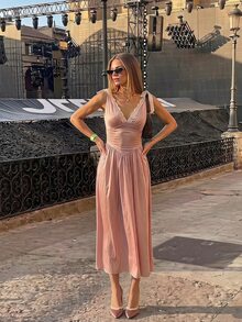 Sweetina Sexy Deep V-Neck Backless Long Dress For Women - Pink - View 1