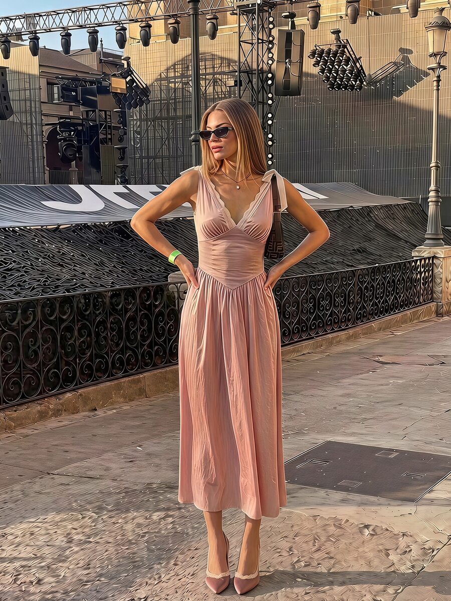 Sweetina Sexy Deep V-Neck Backless Long Dress For Women - Pink - View 1