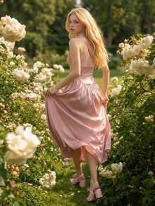Sweetina Sexy Deep V-Neck Backless Long Dress For Women - Pink - View 2