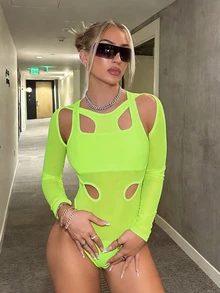 SHEIN ICON Bodysuit Wanita Warna Hijau Neon dengan Motif Jala Berongga dan Potongan Patchwork, Pinggang Tinggi - Hijau - View 6