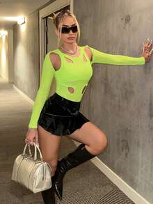 SHEIN ICON Bodysuit Wanita Warna Hijau Neon dengan Motif Jala Berongga dan Potongan Patchwork, Pinggang Tinggi - Hijau - View 5