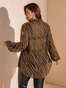 Comfylo Kemeja Fashion Wanita Ukuran Besar Motif Zebra Foil Emas Lengan Panjang Kancing Tunggal - Hitam - View 4
