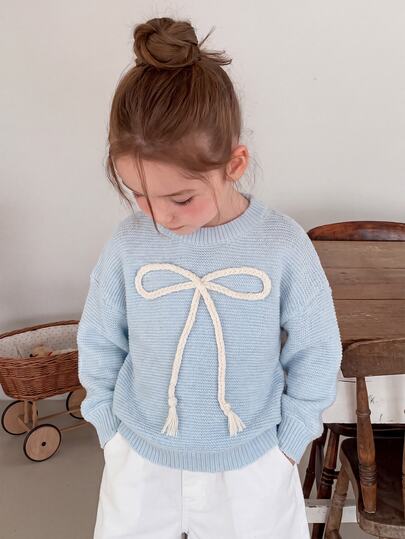 SHEIN Tween Girls' Sweater With Bow Embroidery, Sweet Casual Cute Versatile Daily Wear, Soft And Comfortable Autumn Fall School Christening Blue And White