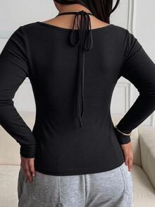 Dazy Plus Solid Color Knitted Top, Elastic Bodycon Sexy Pure Desire Hot Girl Cropped Top, 2 In 1 Halter Neck Tie Design, Plus Size Women Spring Summer T-Shirt - Black - View 3