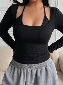 Dazy Plus Solid Color Knitted Top, Elastic Bodycon Sexy Pure Desire Hot Girl Cropped Top, 2 In 1 Halter Neck Tie Design, Plus Size Women Spring Summer T-Shirt - Black - View 4