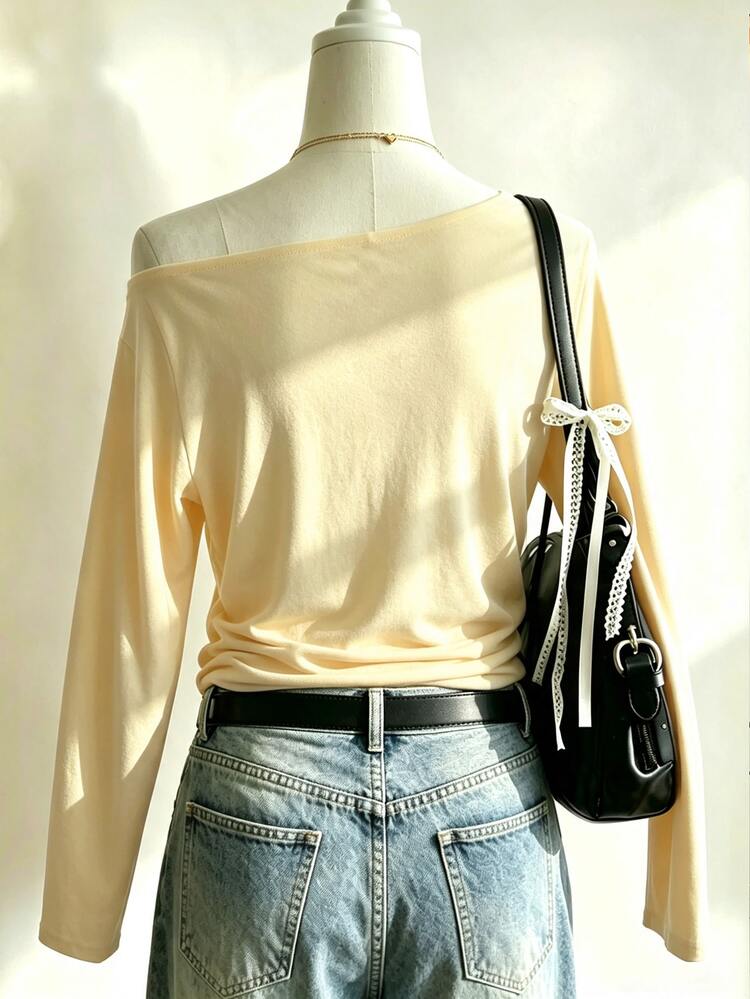 Lalippa Cute Monkey Print Long Sleeve T-Shirt, Casual Asymmetric Neckline Slim Fit Women's Top, Cute Anime Style Back To School Streetwear - Yellow - View 2