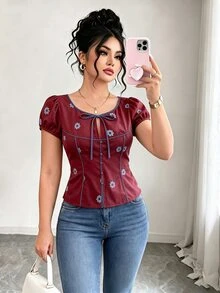 SHEIN Clasi 女款大尺碼圓領印花上衣，休閒外出上衣 - 酒紅色 - 查看 3