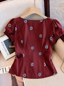 SHEIN Clasi 女款大尺碼圓領印花上衣，休閒外出上衣 - 酒紅色 - 查看 2