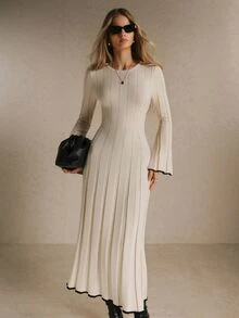 Poéselle Women's Ivory Ribbed-Knit Maxi Sweater Dress – Slim-Fit Crew-Neck Fit-And-Flare Dress With Bell Sleeves And Contrast-Trim Hem Fall/Winter Long Dress - Apricot - View 5