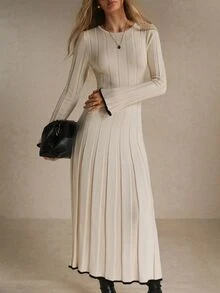 Poéselle Women's Ivory Ribbed-Knit Maxi Sweater Dress – Slim-Fit Crew-Neck Fit-And-Flare Dress With Bell Sleeves And Contrast-Trim Hem Fall/Winter Long Dress - Apricot - View 1