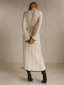 Poéselle Women's Ivory Ribbed-Knit Maxi Sweater Dress – Slim-Fit Crew-Neck Fit-And-Flare Dress With Bell Sleeves And Contrast-Trim Hem Fall/Winter Long Dress - Apricot - View 6