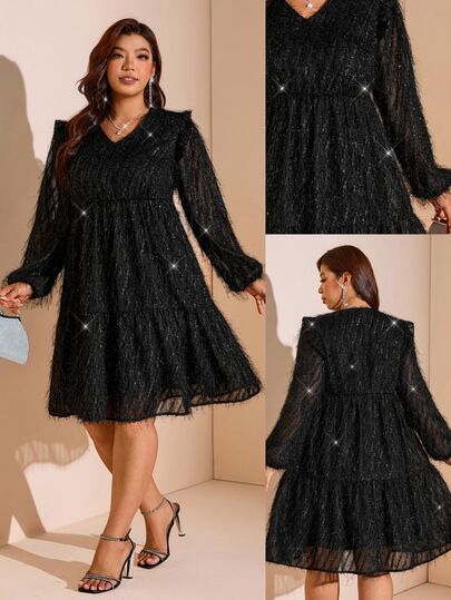 Comfylo Plus Size Women's V-Neck Pleated Fashion Date Party Dress Fairy Dress Party Dress Sparkly Skirt Black Dress