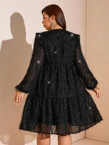 Comfylo 大尺碼女款V領百褶時尚約會派對洋裝仙女風亮片裙黑色洋裝 - 黑色 - 查看 6