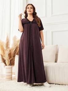 Lacomfia V-Neck Casual Everyday Fashion Minimalist Gray Loose Fit Long Dress With Knit Patchwork Lace Trim Button Decor, Plus Size - Red - View 3
