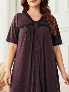 Lacomfia V-Neck Casual Everyday Fashion Minimalist Gray Loose Fit Long Dress With Knit Patchwork Lace Trim Button Decor, Plus Size - Red - View 5