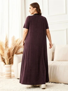 Lacomfia V-Neck Casual Everyday Fashion Minimalist Gray Loose Fit Long Dress With Knit Patchwork Lace Trim Button Decor, Plus Size - Red - View 2