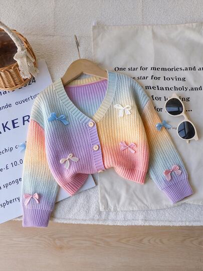 SHEIN Playful Pals Young Girl Ombre Rainbow Bow Decor Cardigan Sweater Cardigan Cardigan Sweater Cardigan Sweater Rainbow Cardigan Sweater With Bows Sweater Rainbow Cardigan Ombre Sweater Cardigan Sweater Sweaters Button Cardigan With Bows Sweater Fall Winter Fall Craft Sweater Sweater Jacket Cardigan