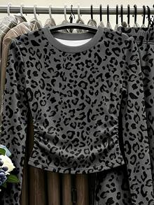 (1 Set) Kaos Lengan Panjang dan Celana Panjang Lebar Minimalis Kasual Modis Musim Gugur Motif Leopard Abu-abu Gelap dengan Pinggang Berkerut untuk Remaja Perempuan - MultiWarna - View 6