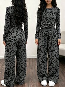 (1 Set) Kaos Lengan Panjang dan Celana Panjang Lebar Minimalis Kasual Modis Musim Gugur Motif Leopard Abu-abu Gelap dengan Pinggang Berkerut untuk Remaja Perempuan - MultiWarna - View 3