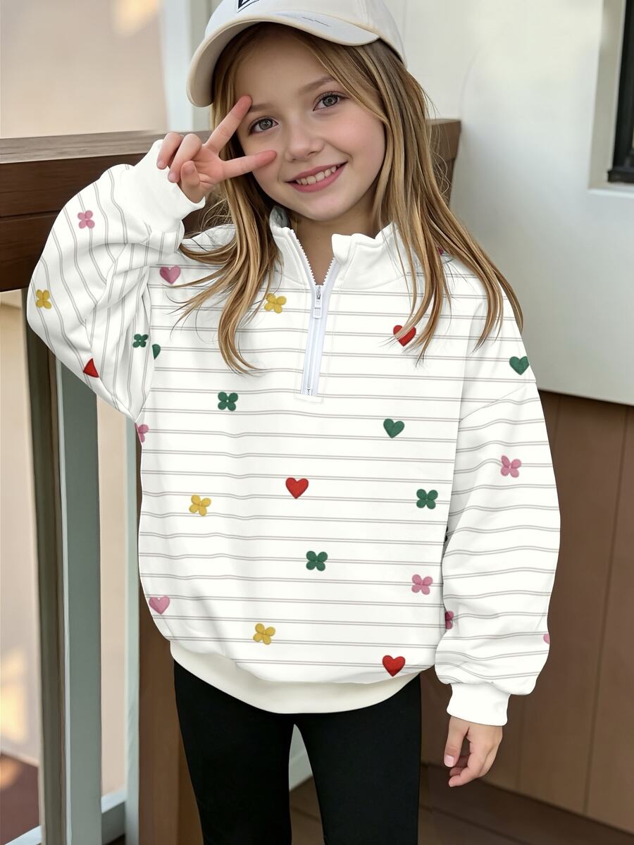 Sweatshirt Pullover Setengah Resleting Bergaris untuk Anak Perempuan, Atasan dengan Cetakan Grafis Lucu, Pakaian Kasual Musim Gugur/Dingin - MultiWarna - View 1