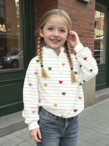 Sweatshirt Pullover Setengah Resleting Bergaris untuk Anak Perempuan, Atasan dengan Cetakan Grafis Lucu, Pakaian Kasual Musim Gugur/Dingin - MultiWarna - View 4