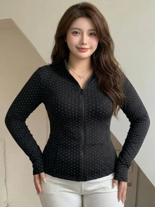 Dazy Plus Black Polka Dot Outdoor Raglan Sleeve Slim Fit Waist Cinched Sports Jacket Spring/Autumn New - Black - View 4