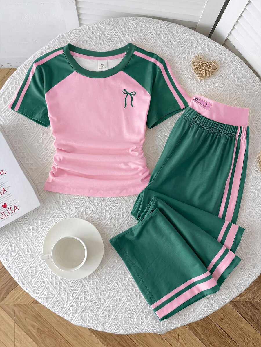 SHEIN Tween Girl Girls 2 Pieces Casual Outfit Set, Fitted Crew Neck Ruched Knit Top With Colorblock Patchwork And Webbing Trim, Plus Colorblock Y2K Pink And Yellow Waistband Straight Leg Wide Leg Knit Pants, Girls Outfit Set - Green - View 1