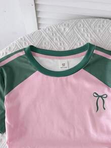 SHEIN Tween Girl Girls 2 Pieces Casual Outfit Set, Fitted Crew Neck Ruched Knit Top With Colorblock Patchwork And Webbing Trim, Plus Colorblock Y2K Pink And Yellow Waistband Straight Leg Wide Leg Knit Pants, Girls Outfit Set - Green - View 5