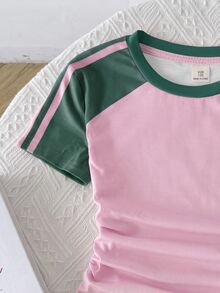 SHEIN Tween Girl Girls 2 Pieces Casual Outfit Set, Fitted Crew Neck Ruched Knit Top With Colorblock Patchwork And Webbing Trim, Plus Colorblock Y2K Pink And Yellow Waistband Straight Leg Wide Leg Knit Pants, Girls Outfit Set - Green - View 3