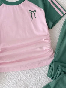 SHEIN Tween Girl Girls 2 Pieces Casual Outfit Set, Fitted Crew Neck Ruched Knit Top With Colorblock Patchwork And Webbing Trim, Plus Colorblock Y2K Pink And Yellow Waistband Straight Leg Wide Leg Knit Pants, Girls Outfit Set - Green - View 4