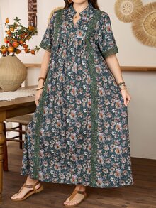 Lacomfia 随机花卉印花图案宽松时尚简约优雅拼接蕾丝舒适百搭大码女装 - 彩色 - 查看 6