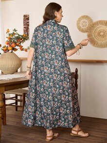 Lacomfia 随机花卉印花图案宽松时尚简约优雅拼接蕾丝舒适百搭大码女装 - 彩色 - 查看 2