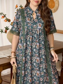 Lacomfia 随机花卉印花图案宽松时尚简约优雅拼接蕾丝舒适百搭大码女装 - 彩色 - 查看 5