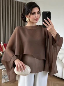 Modelyn 大尺碼女款不對稱下擺雪紡飄逸蝙蝠袖寬鬆襯衫，可單穿或疊穿，優雅 - 咖啡棕 - 查看 1