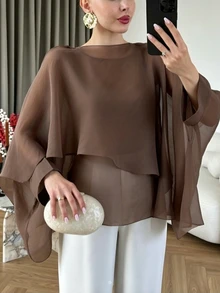 Modelyn 大尺碼女款不對稱下擺雪紡飄逸蝙蝠袖寬鬆襯衫，可單穿或疊穿，優雅 - 咖啡棕 - 查看 3