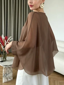 Modelyn 大尺碼女款不對稱下擺雪紡飄逸蝙蝠袖寬鬆襯衫，可單穿或疊穿，優雅 - 咖啡棕 - 查看 2