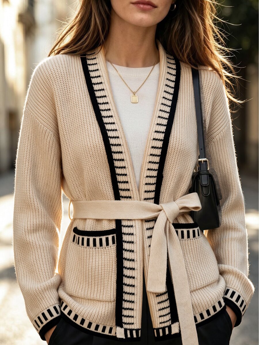 SHEIN LUNE Women's Loose Fit Drop Shoulder Long Sleeve Cardigan With Lapel, Single-Breasted Large Buttons, Patch Pocket Decor, Casual Office Beige Fall - Multicolor - View 1