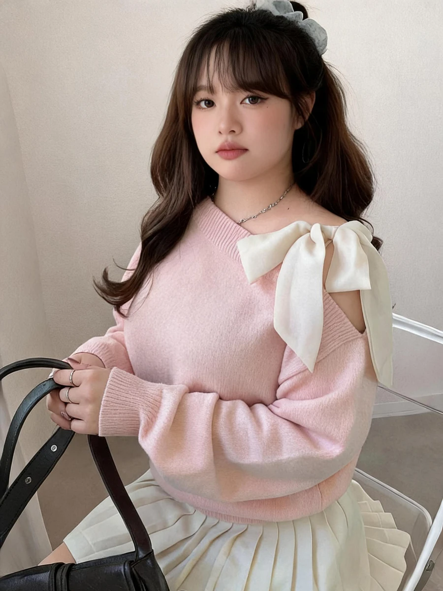 Dazy Plus Contrast Color Cold Shoulder Dropped Shoulder Long Sleeve Bow Tie Loose Casual Versatile Pullover Sweater Spring/Autumn New Arrival - Pink - View 1